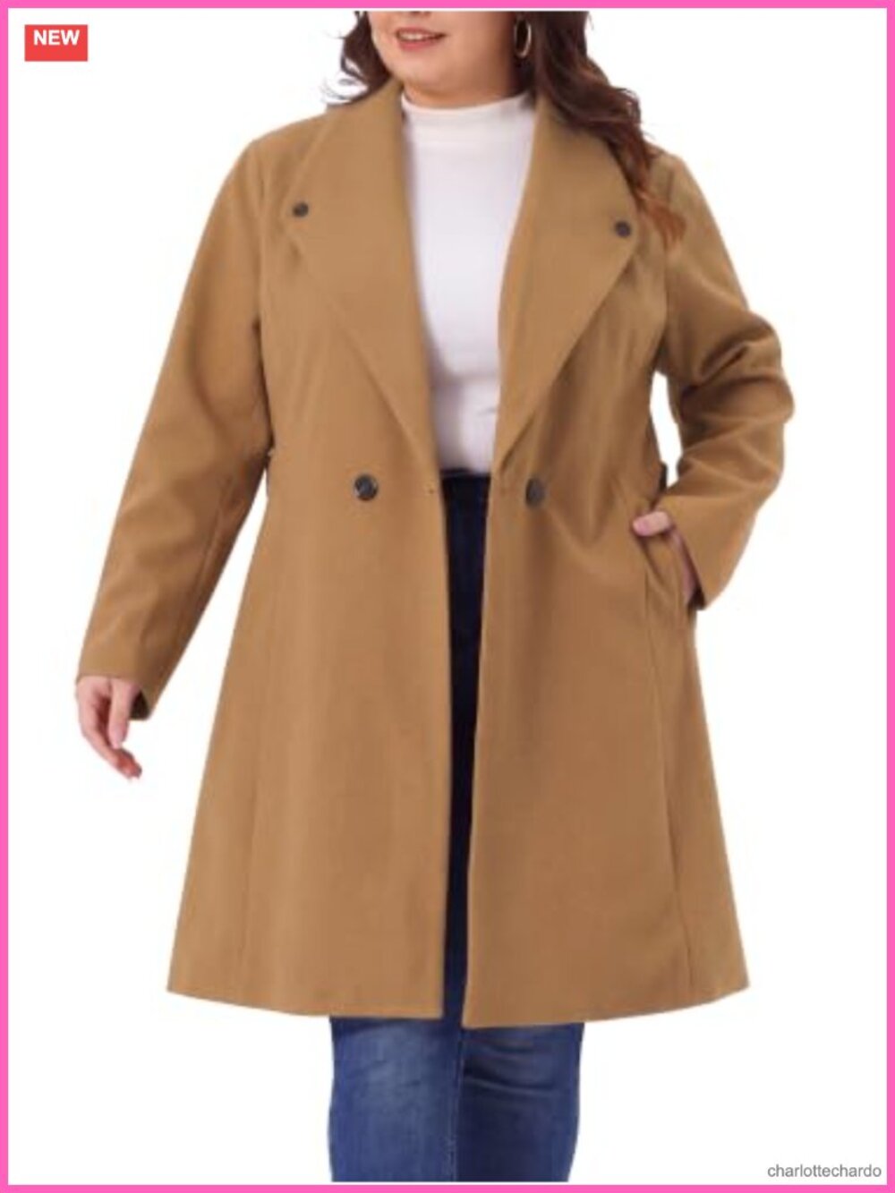 Women Plus Size Double Breasted Belted Winter Wool Pea Coat Long Sleeve Lapel
